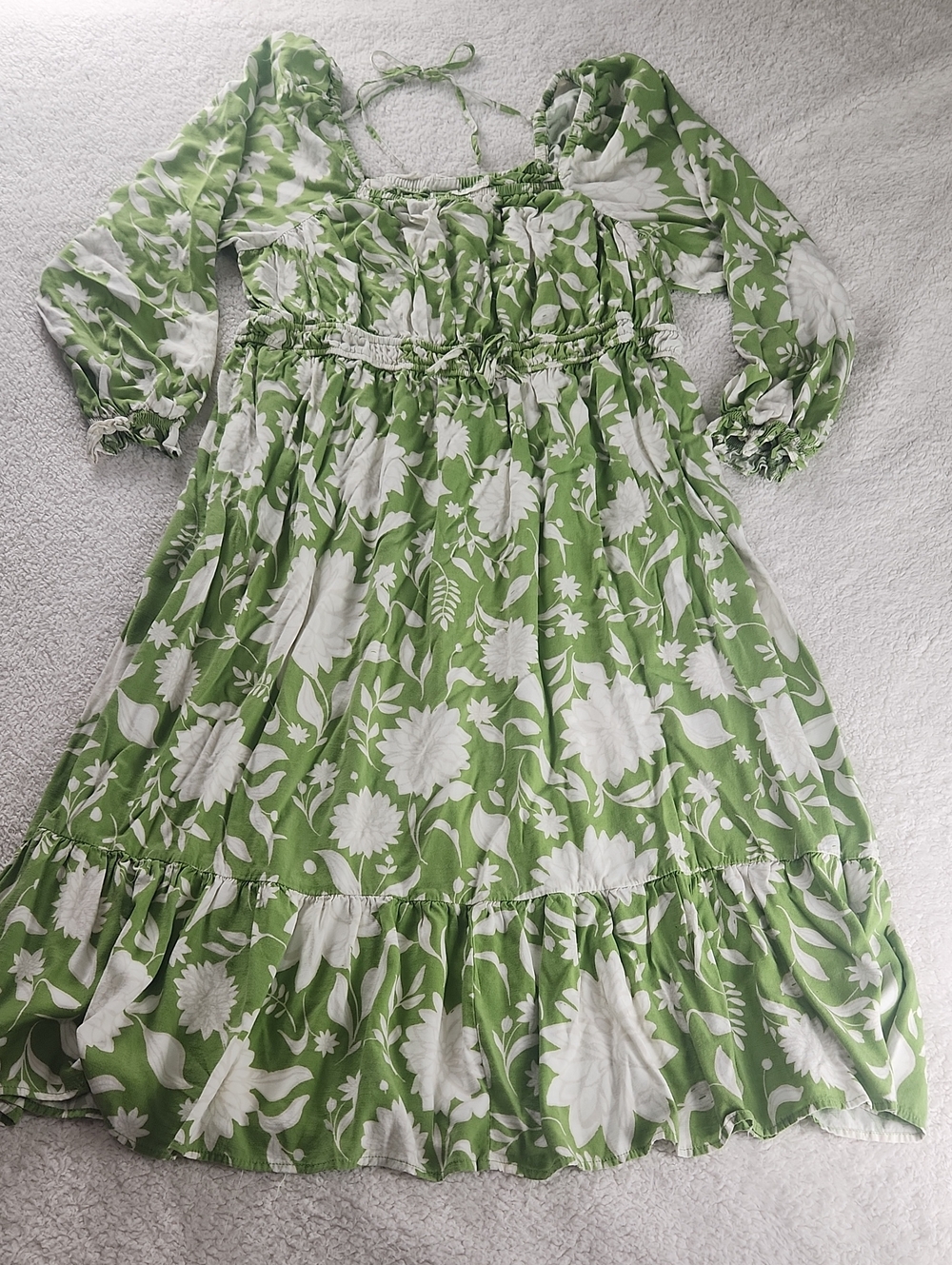 Womens Green & White Floral Smocked Waist Dress 1x